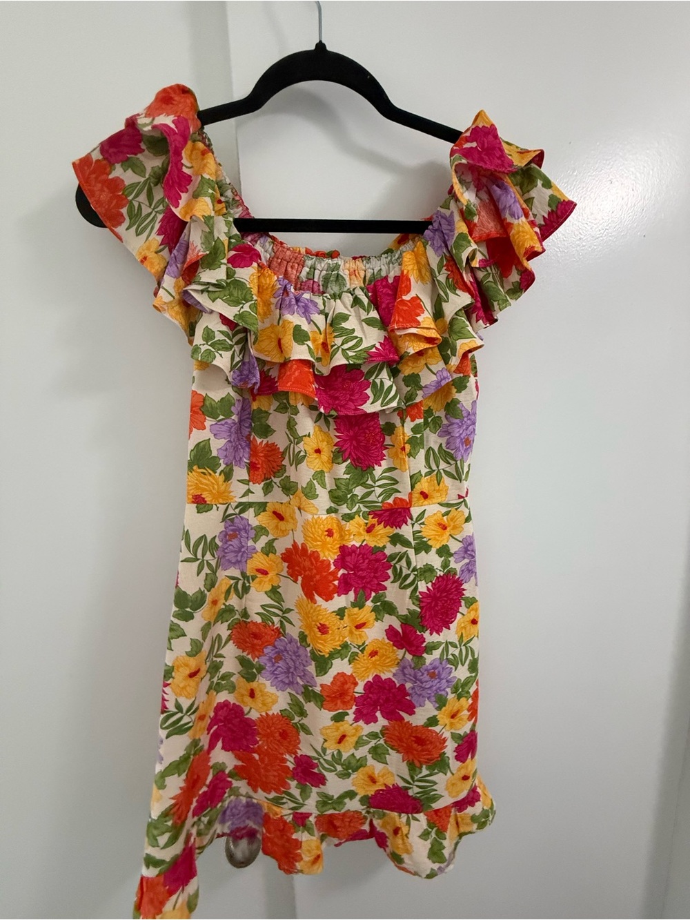 Mango Cream Floral Ruffle Off-Shoulder Mini Dress